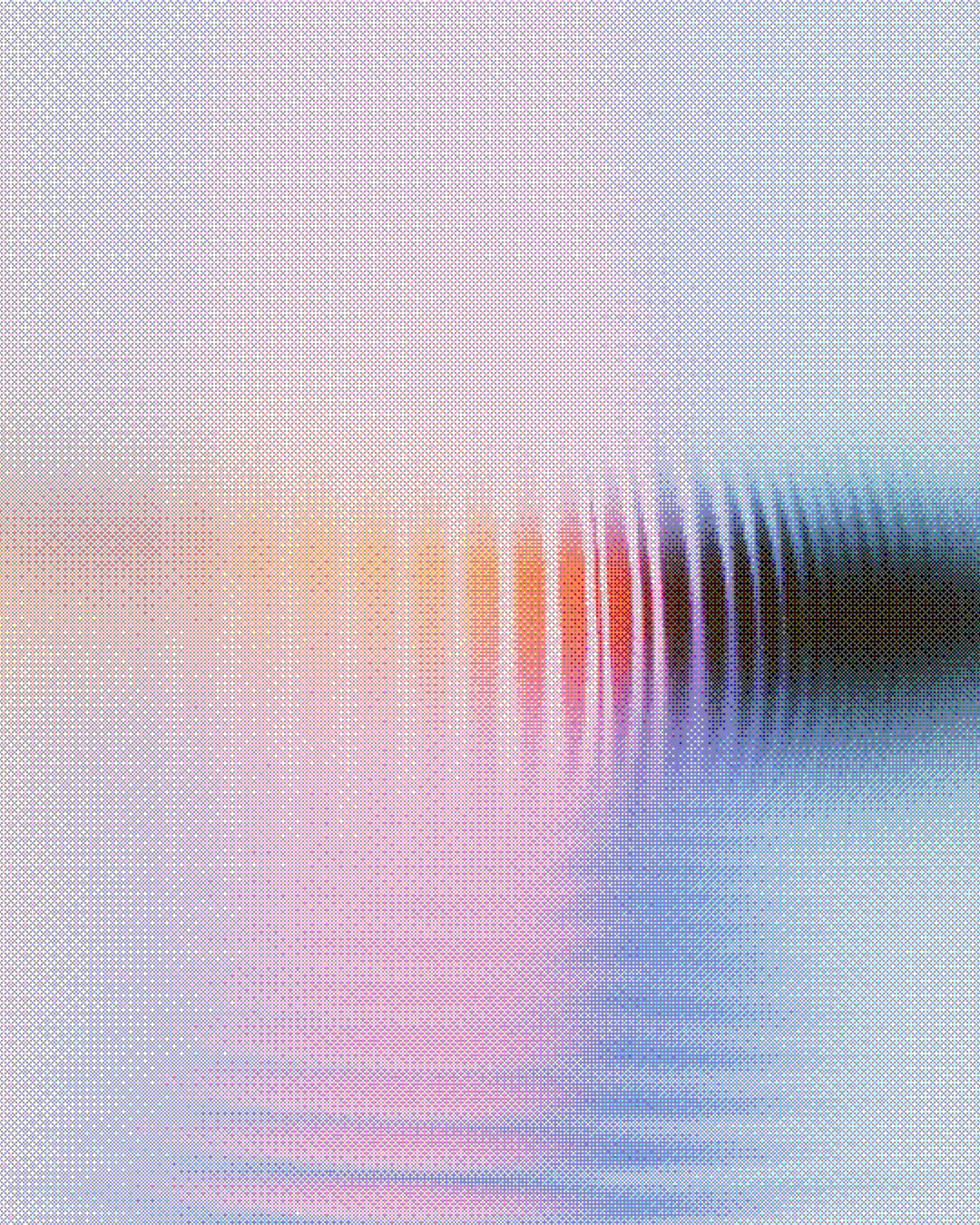 Abstract coral, pink, violet and blue ripples dissolving into a fine halftone texture.