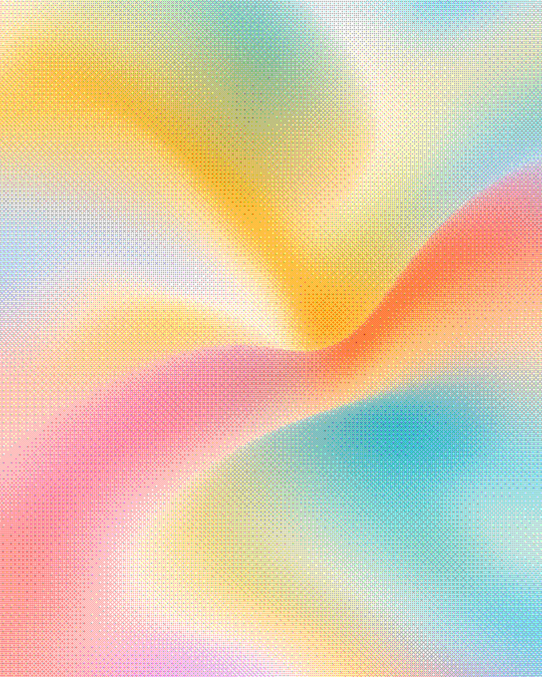 Abstract orange, coral and turquoise gradients with a fine halftone texture.